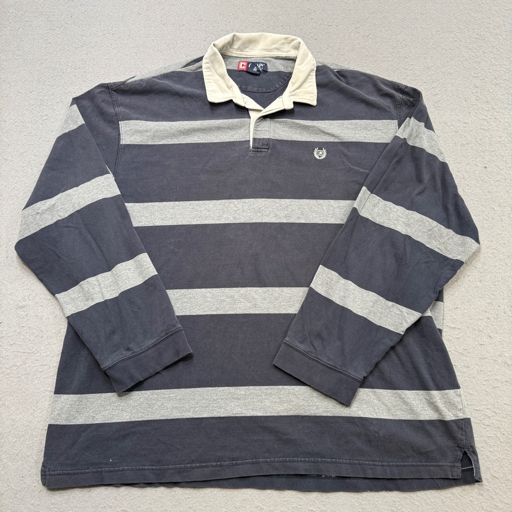 Chaps Rugby Polo Shirt Men's 2XB Blue Gray Striped Long Sleeve Cotton Athletic